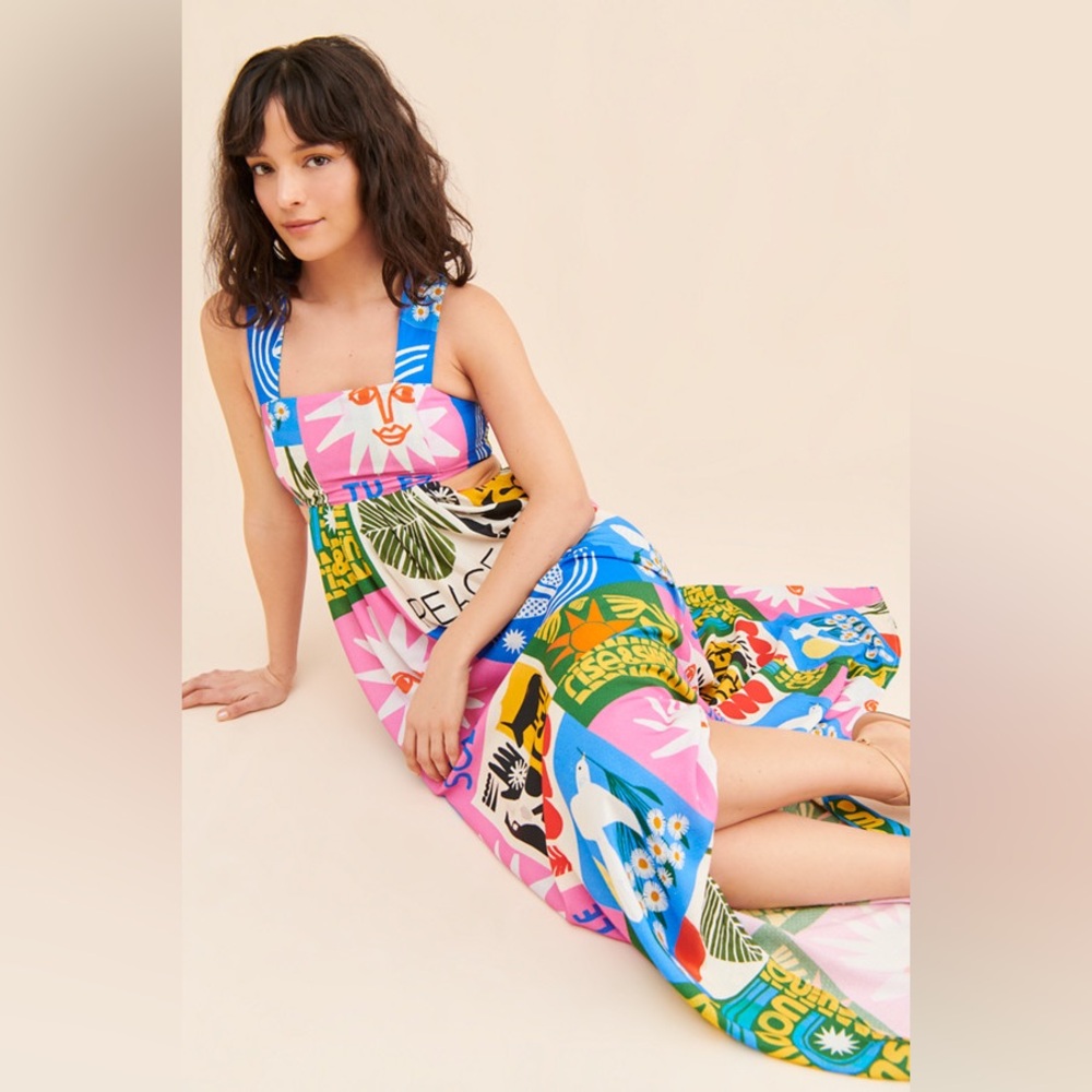 NEW Anthropologie Cutout Maxi Dress Vibrant Statement Artsy Patchwork Sun moon S - Picture 2 of 9